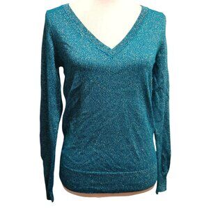 Mossimo M Womens Green Gold Sweater Metallic V Neck Sparkle Long Sleeve Knit